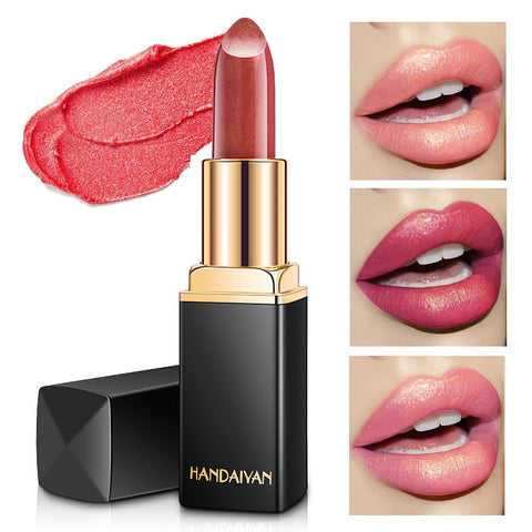 HANDAIYAN Lápiz labial metálico brillante Cambio de color nacarado Lápiz labial cálido Lápiz labial dorado