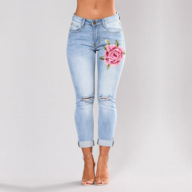 Pantalones vaqueros elásticos con flores, pantalones vaqueros ajustados para mujer 