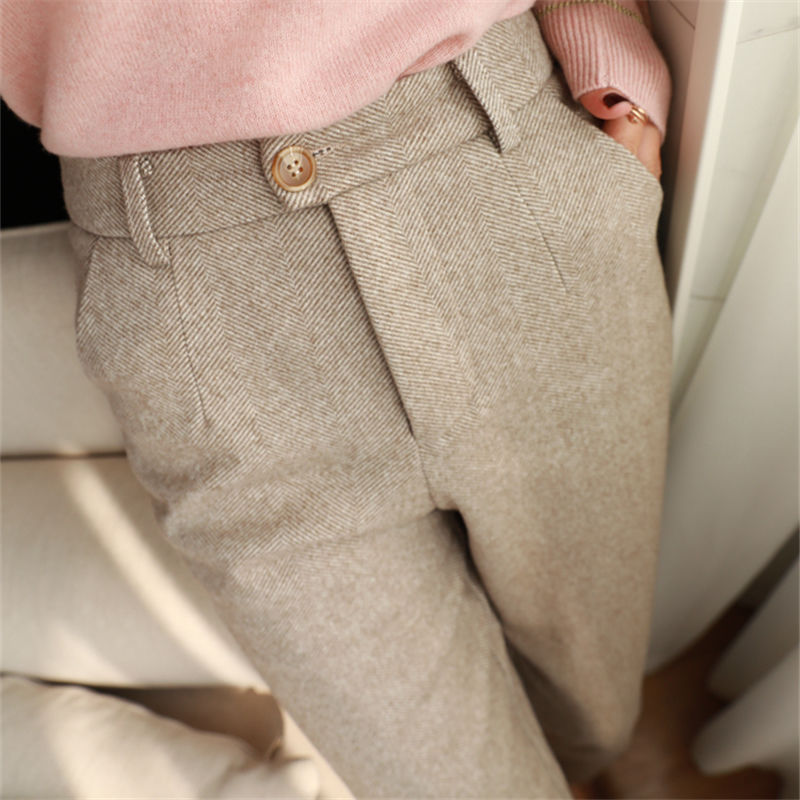 Herringbone Woolen Pants Women's Harem Pencil Pants Autumn Winter High Waisted Casual Suit Pants Office Lady Women Trousers