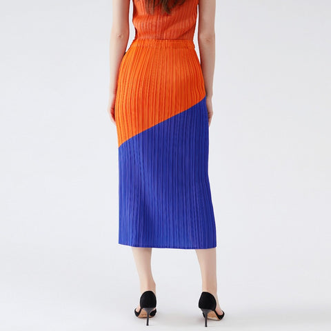 Pleated Skirts Autumn Hit Atchwork Color Long Skirt High Waist One Button Skirt Women Aesthetic Clothes