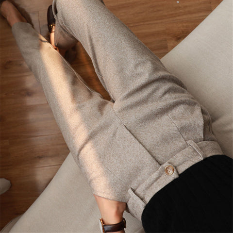 Herringbone Woolen Pants Women's Harem Pencil Pants Autumn Winter High Waisted Casual Suit Pants Office Lady Women Trousers