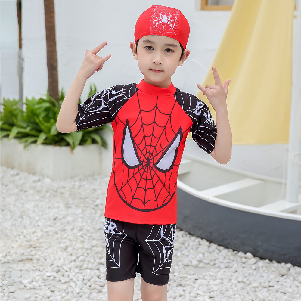 Children's Swimsuit Boy Student Swimming Trunks Split Sunscreen Plus Size Baby Swimwear Three-Piece Spiderman Swimsuit