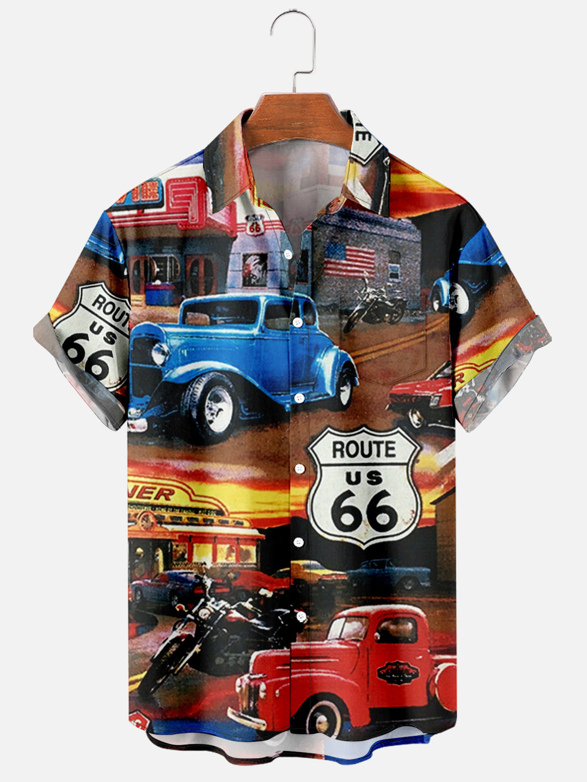 Summer Short Sleeve Shirts Route 66 Digital Print Shirts Button-Up Men's Shirts