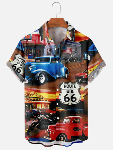 Camisas de manga corta de verano Camisas con estampado digital Route 66 Camisas con botones para hombres 