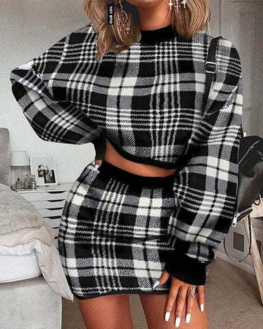 Plaid Sweater Outfit Long Sleeve Crop Top And Skirt Sets