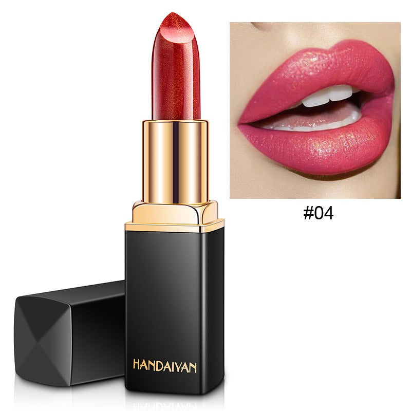 HANDAIYAN Lápiz labial metálico brillante Cambio de color nacarado Lápiz labial cálido Lápiz labial dorado