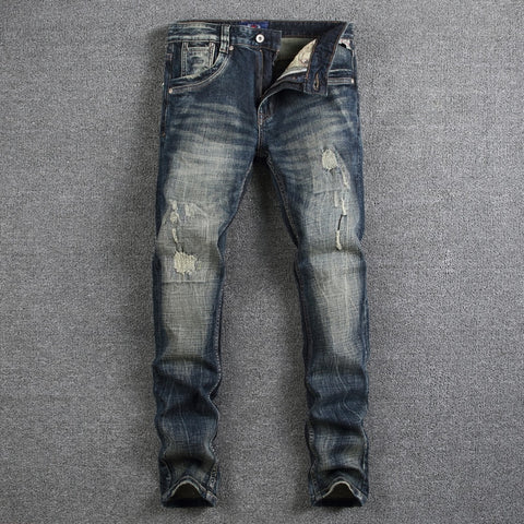 Retro Design Fashion Mens Jeans High Quality Nostalgia Wash Slim Fit Denim Ripped Jeans For Men Brand Streetwear Biker Jeans