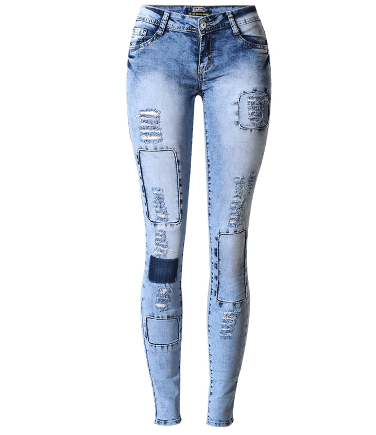 Low Waist Sky Blue Patchwork Skinny Tights Pencil Jeans