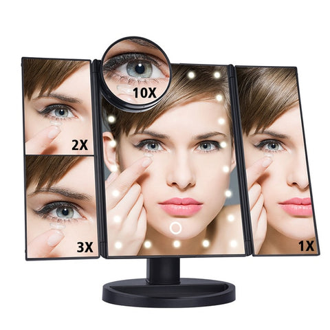 LED-Touchscreen, 22 Licht-Make-up-Spiegel, Tisch-Desktop-Make-up, 1 x/2 x/3 x/10 x Vergrößerungsspiegel, Kosmetikspiegel, 3 klappbarer verstellbarer Spiegel