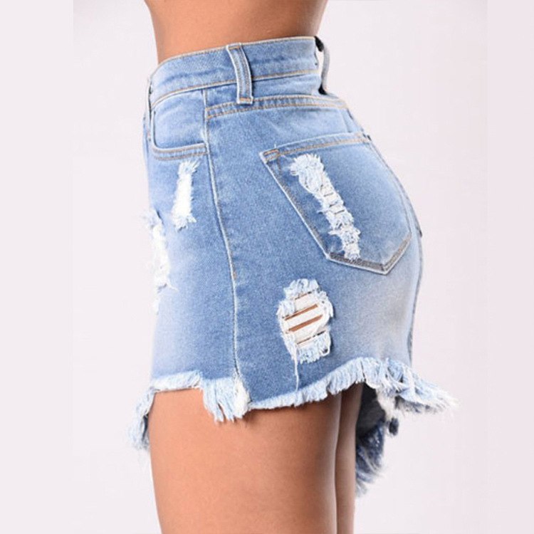 Black/Blue Wash Denim Ripped Tassel Package Hips Mini Skirts High Waist Sharp Edge Irregular Cutting Pencil Skirts Club Wear