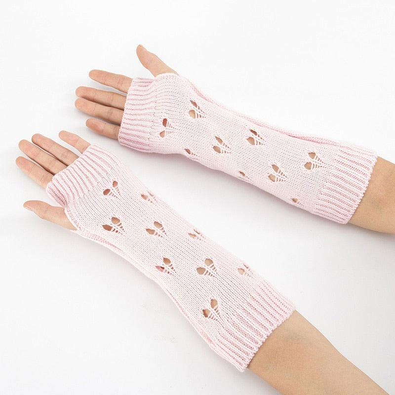 Guantes de mujer con estilo calentador de manos guantes de invierno para mujer brazo tejido de ganchillo corazón hueco manoplas cálidos guantes sin dedos