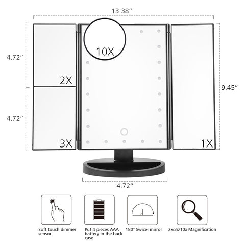 Pantalla táctil LED 22 maquillaje ligero mesa de espejo maquillaje de escritorio 1X/2X/3X/10X espejos de aumento tocador 3 espejo ajustable plegable