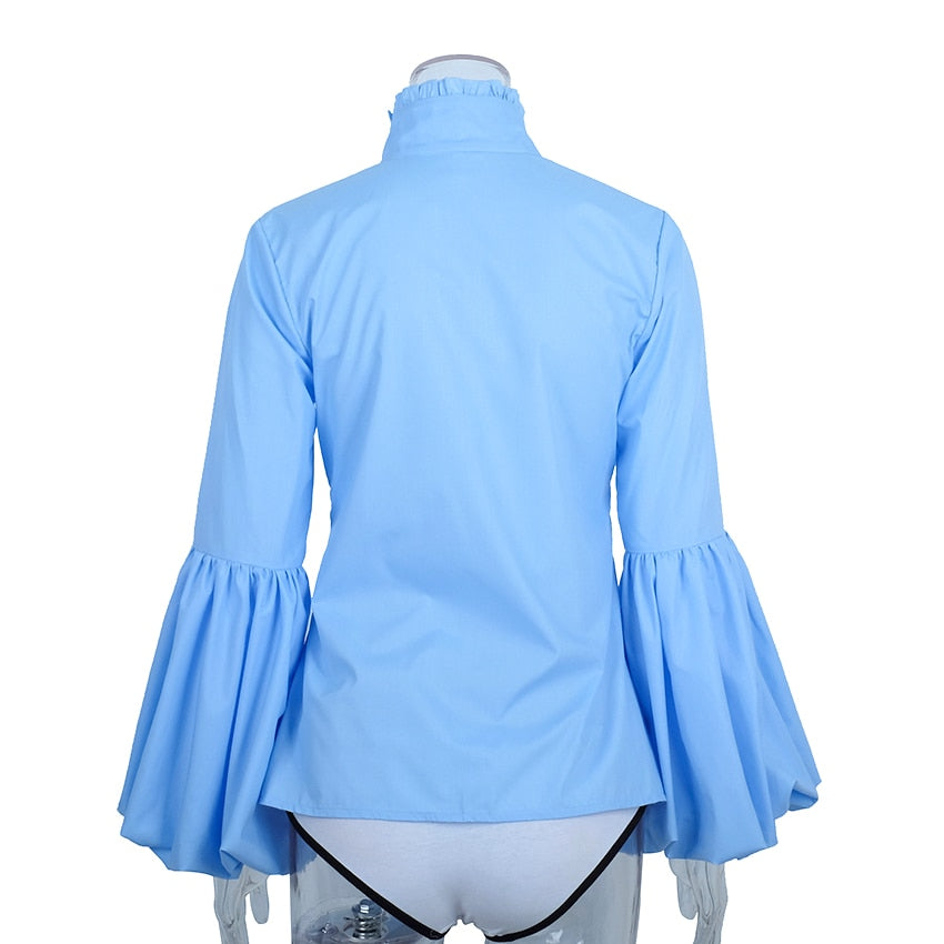 Long Wide Lantern Sleeve Blue Blouse Women Button Down Blouses Shirts Female Autumn Winter Tops