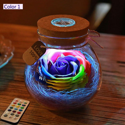 Lámpara LED RGB con atenuador, luz para botella con flor rosa, vacaciones románticas creativas, regalo del Día de San Valentín + control remoto de 16 colores