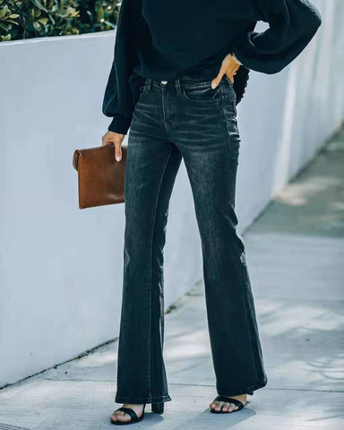 Fashion High Waist Stretch Flare Jeans Women Trousers Black