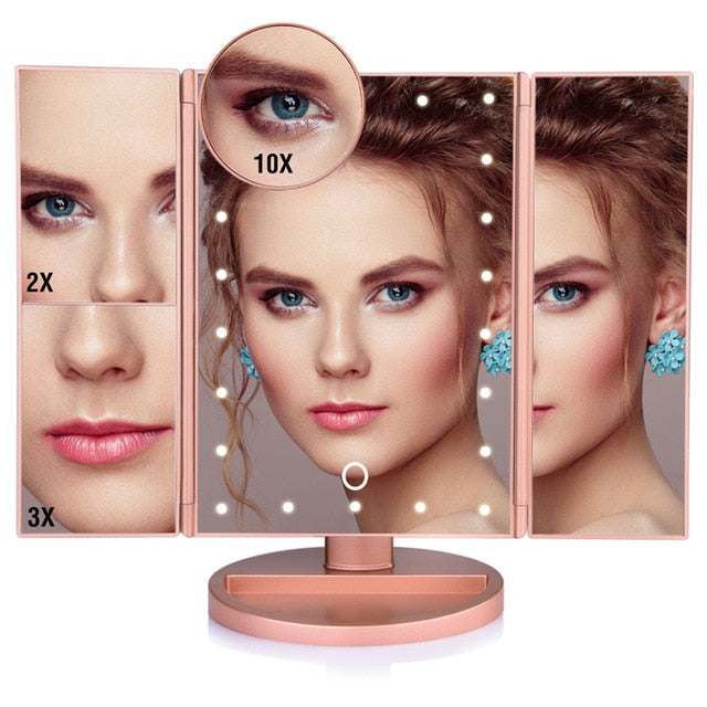 LED-Touchscreen, 22 Licht-Make-up-Spiegel, Tisch-Desktop-Make-up, 1 x/2 x/3 x/10 x Vergrößerungsspiegel, Kosmetikspiegel, 3 klappbarer verstellbarer Spiegel