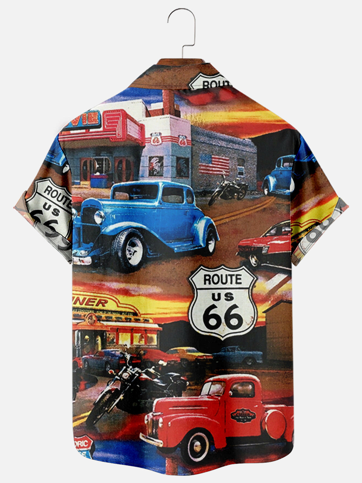 Camisas de manga corta de verano Camisas con estampado digital Route 66 Camisas con botones para hombres 