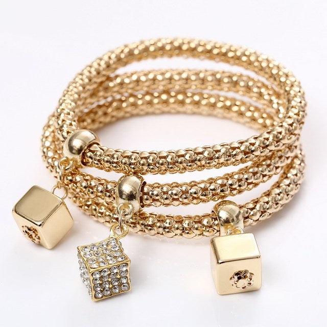 3 Pcs/Set Crystal Owl Heart Charm Bracelets & Bangles Gold/Silver Plated Elephant Anchor Pendants Rhinestone Bracelets For Women