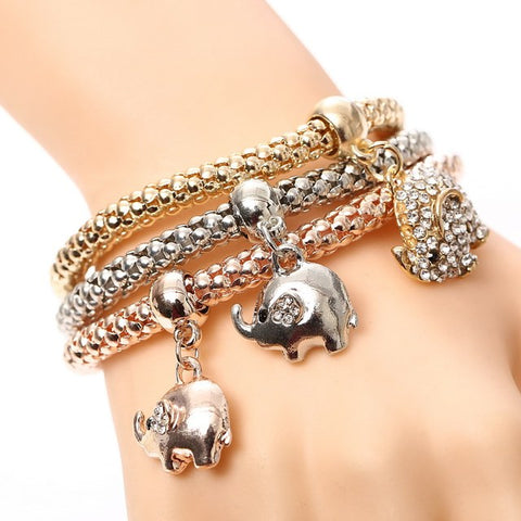 3 Pcs/Set Crystal Owl Heart Charm Bracelets & Bangles Gold/Silver Plated Elephant Anchor Pendants Rhinestone Bracelets For Women