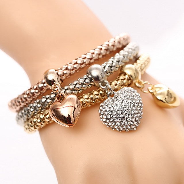 3 unids/set de pulseras y brazaletes con dije de corazón de búho de cristal, colgantes de ancla de elefante chapados en oro/plata, pulseras de diamantes de imitación para mujer 