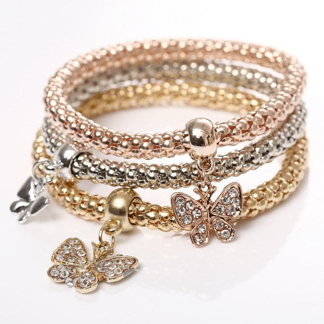 3 Pcs/Set Crystal Owl Heart Charm Bracelets & Bangles Gold/Silver Plated Elephant Anchor Pendants Rhinestone Bracelets For Women