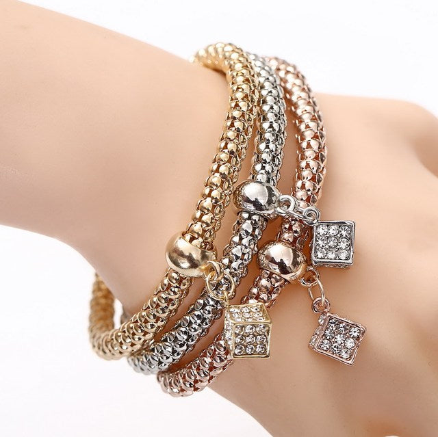 3 unids/set de pulseras y brazaletes con dije de corazón de búho de cristal, colgantes de ancla de elefante chapados en oro/plata, pulseras de diamantes de imitación para mujer 