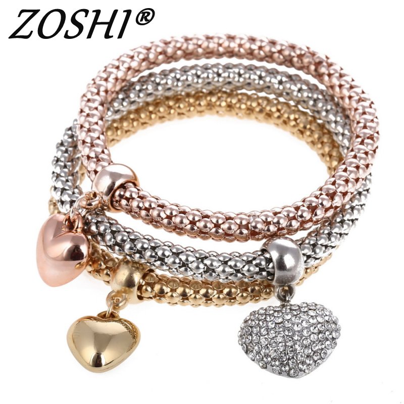 3 unids/set de pulseras y brazaletes con dije de corazón de búho de cristal, colgantes de ancla de elefante chapados en oro/plata, pulseras de diamantes de imitación para mujer 