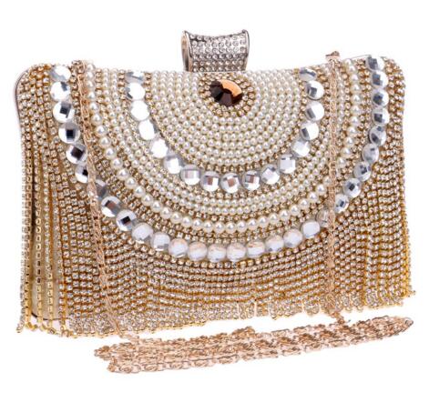 Rhinestones Tassel Clutch Diamonds Beaded Metal Evening Bags Chain Shoulder Messenger Purse Evening Bags For Wedding Bag