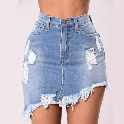 Black/Blue Wash Denim Ripped Tassel Package Hips Mini Skirts High Waist Sharp Edge Irregular Cutting Pencil Skirts Club Wear