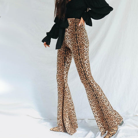 Winter Leopard Print Flare Pants Women Fashion Animal Print High Waist Pants Sexy Streetwear Trousers Women