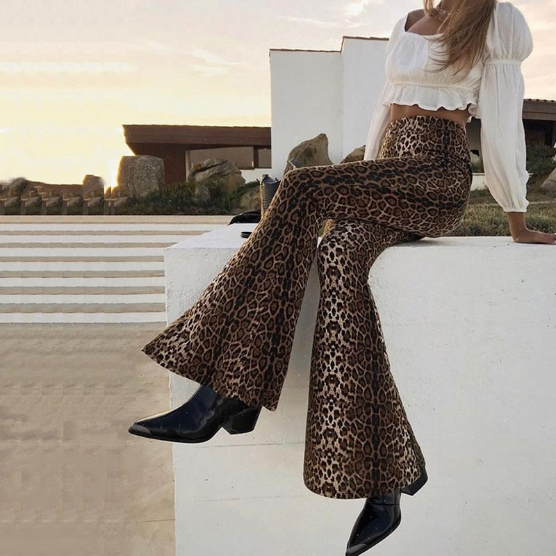 Winter Leopard Print Flare Pants Women Fashion Animal Print High Waist Pants Sexy Streetwear Trousers Women