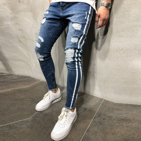 Ripped Side Striped Jeans Fashion Streetwear Mens Skinny Stretch Jeans