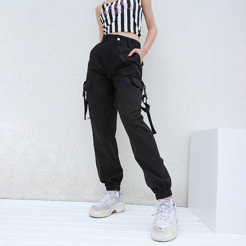 Black High Waist Cargo Pants Women Pockets Patchwork Loose Streetwear Pencil Pants Fashion Hip Hop Women's Trousers