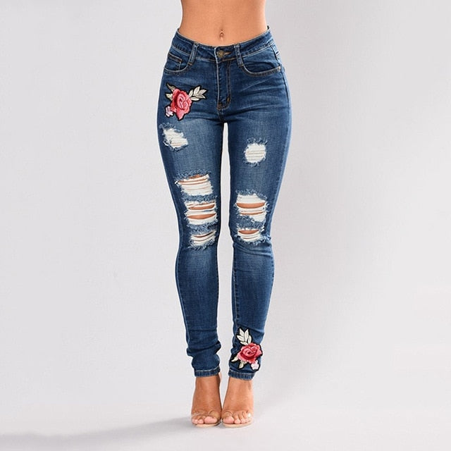 Elastic Flower Jeans Female Slim Denim Pants