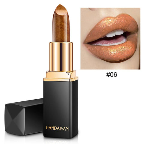 HANDAIYAN Lápiz labial metálico brillante Cambio de color nacarado Lápiz labial cálido Lápiz labial dorado