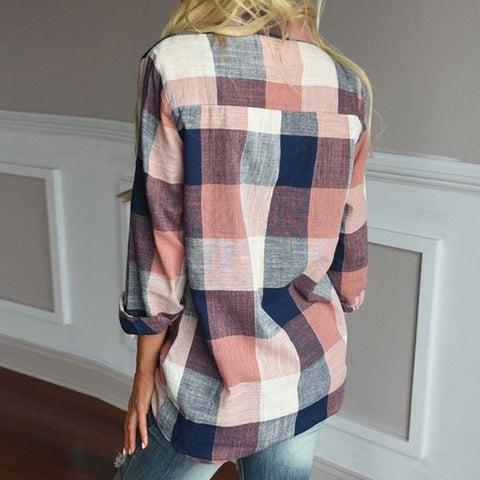 womens tops and blouses Female Casual Matching Color Long Sleeve Button Loose Plaid Shirt Top