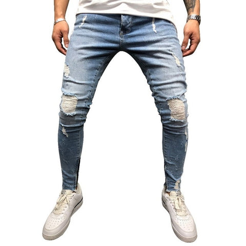 Ripped Side Striped Jeans Fashion Streetwear Mens Skinny Stretch Jeans