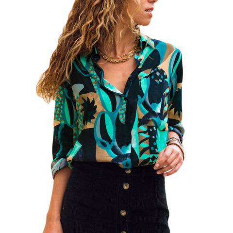 Blusas de gasa para mujer, camisa de oficina con cuello vuelto de manga larga, blusa con estampado geométrico, Tops informales sueltos