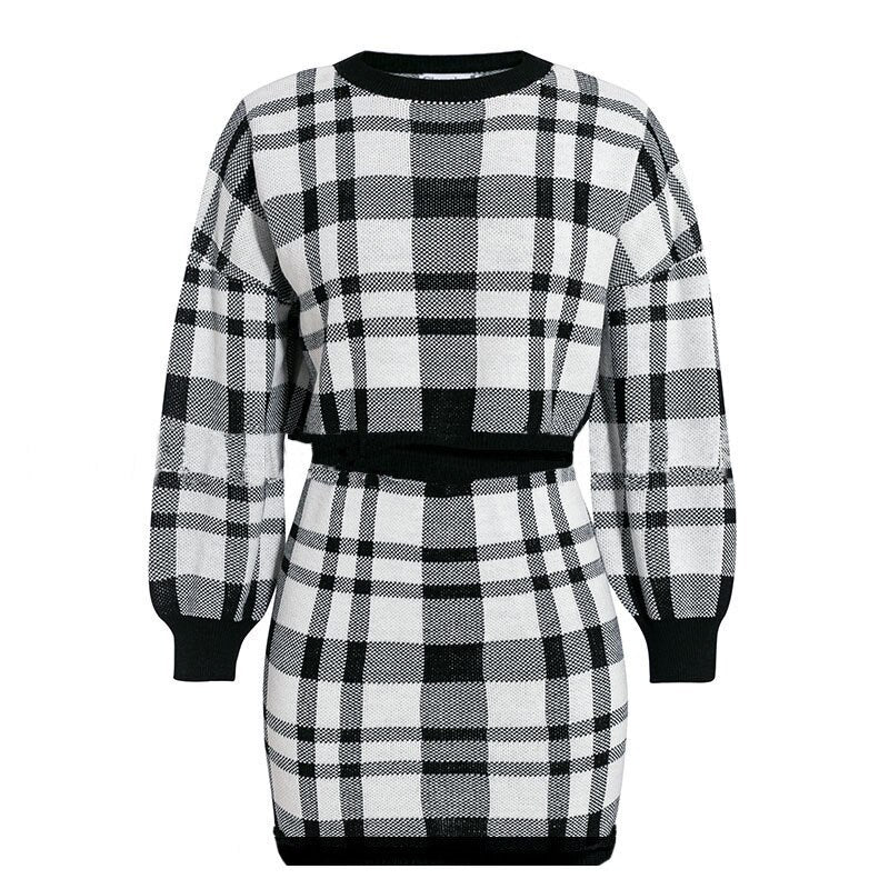 Plaid Sweater Outfit Long Sleeve Crop Top And Skirt Sets