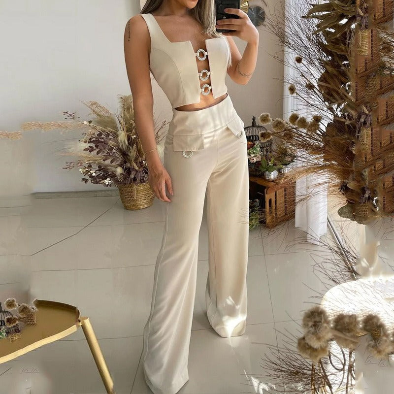 Conjunto de moda para mujer, Top Sexy sin mangas con cuello cuadrado, pantalones holgados acampanados, conjunto de dos piezas