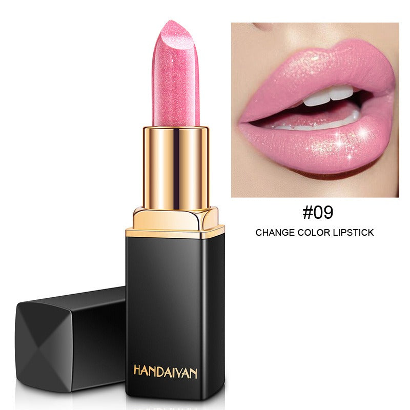 HANDAIYAN Lápiz labial metálico brillante Cambio de color nacarado Lápiz labial cálido Lápiz labial dorado