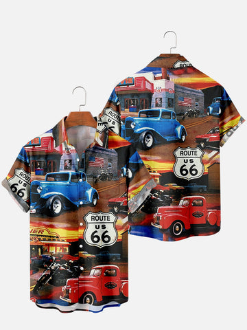 Summer Short Sleeve Shirts Route 66 Digital Print Shirts Button-Up Men's Shirts