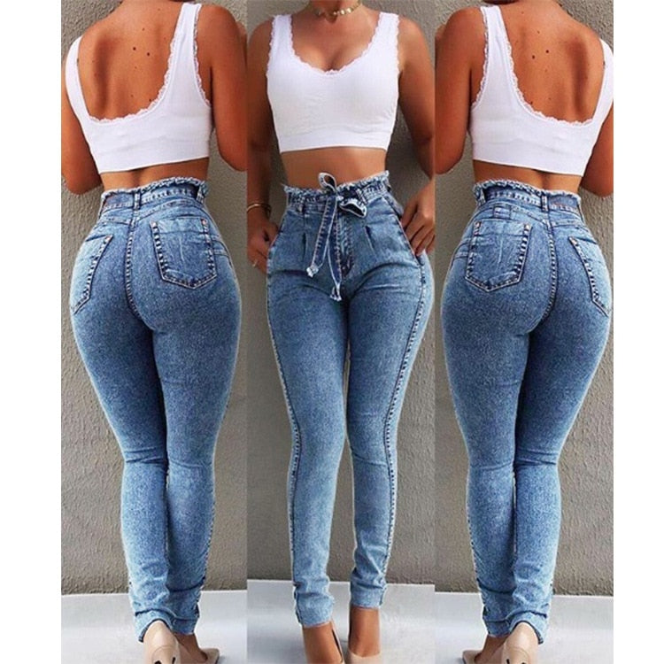 High Waist streetwear Bandage Denim Plus Size Jeans