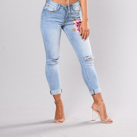 Elastic Flower Jeans Female Slim Denim Pants