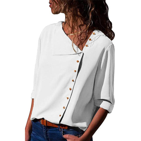 Chiffon Blouse  Long Sleeve Women Blouses and Tops Skew Collar Solid Office Shirt Casual Tops Blusas Chemise Femme