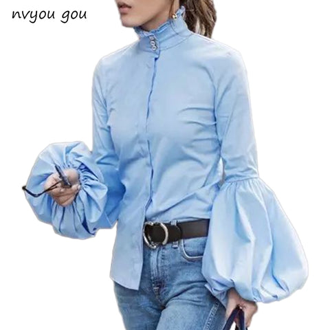 Long Wide Lantern Sleeve Blue Blouse Women Button Down Blouses Shirts Female Autumn Winter Tops