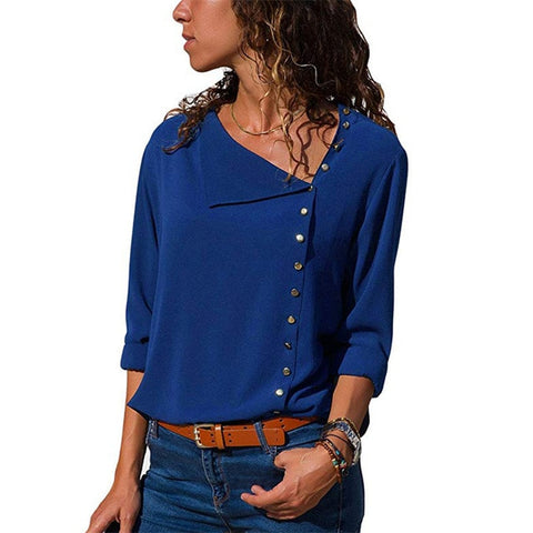 Chiffon Blouse  Long Sleeve Women Blouses and Tops Skew Collar Solid Office Shirt Casual Tops Blusas Chemise Femme