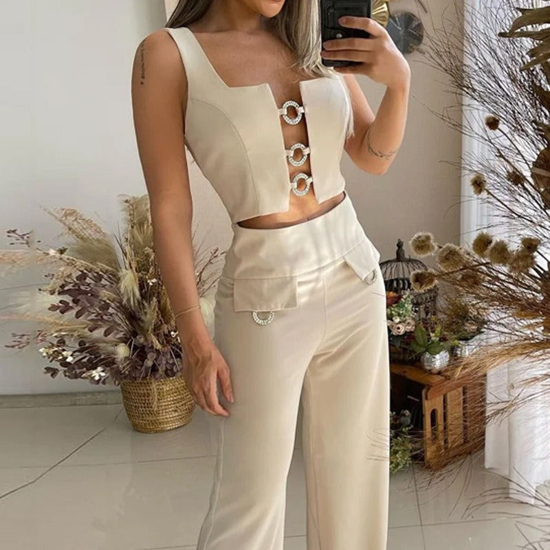 Conjunto de moda para mujer, Top Sexy sin mangas con cuello cuadrado, pantalones holgados acampanados, conjunto de dos piezas