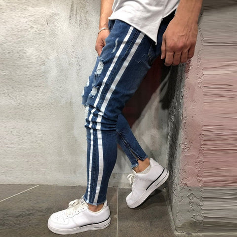 Ripped Side Striped Jeans Fashion Streetwear Mens Skinny Stretch Jeans