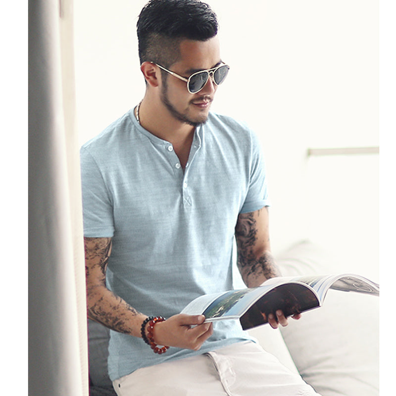 Henry collar casual Metrosexual men slim new brand top tees